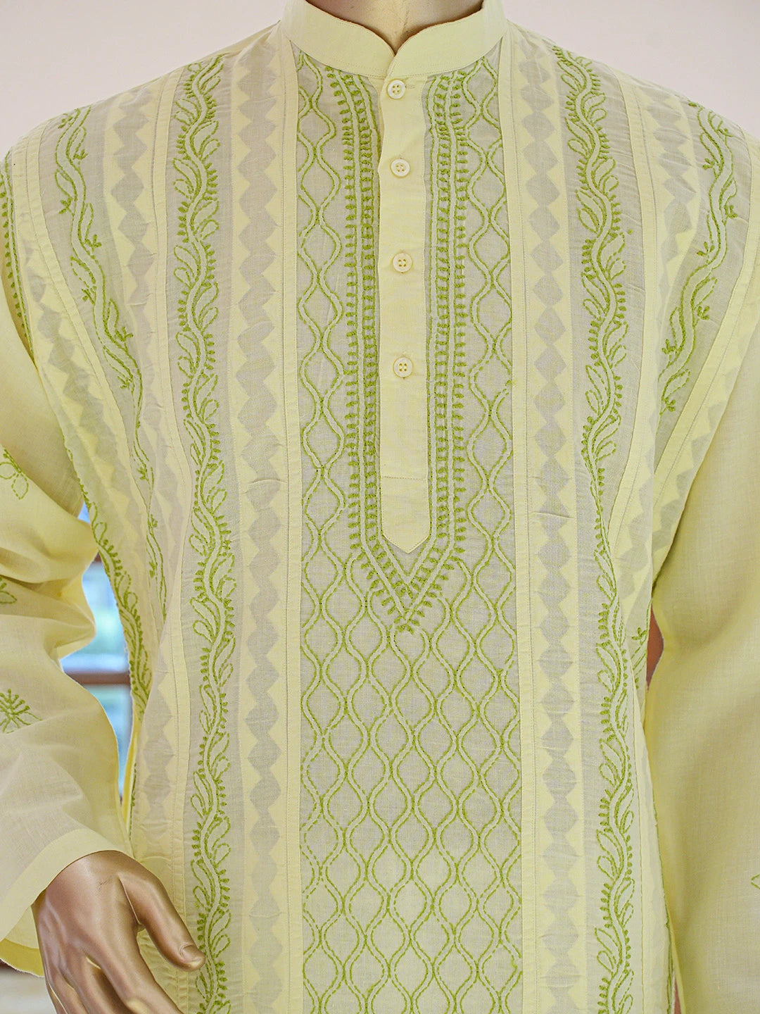 Ada Hand Embroidered Lemon Cotton Lucknowi Chikankari Stitched Men's Kurta Piece 01A835106