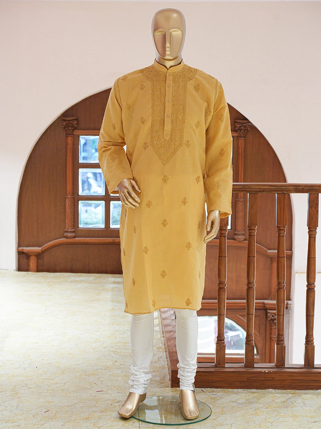 Ada Hand Embroidered Fawn Cotton Lucknowi Chikankari Stitched Men's Kurta Piece 01A769261