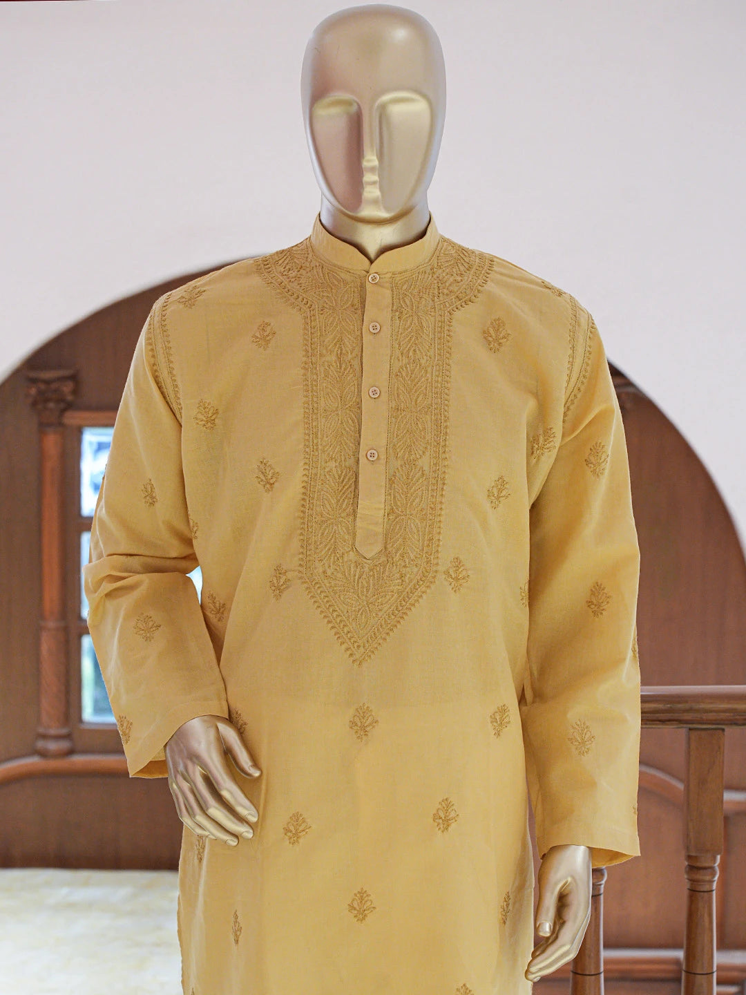 Ada Hand Embroidered Fawn Cotton Lucknowi Chikankari Stitched Men's Kurta Piece 01A769261