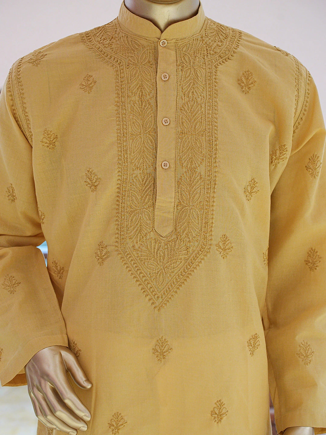 Ada Hand Embroidered Fawn Cotton Lucknowi Chikankari Stitched Men's Kurta Piece 01A769261