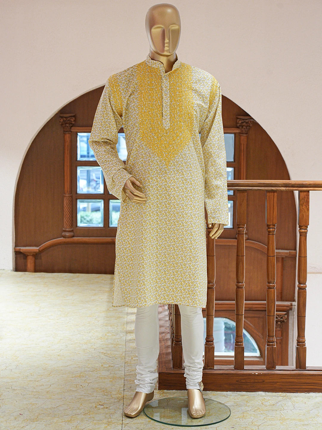 Ada Hand Embroidered White Cotton Floral Printed Lucknowi Chikankari Stitched Men's Kurta Piece 01A821187