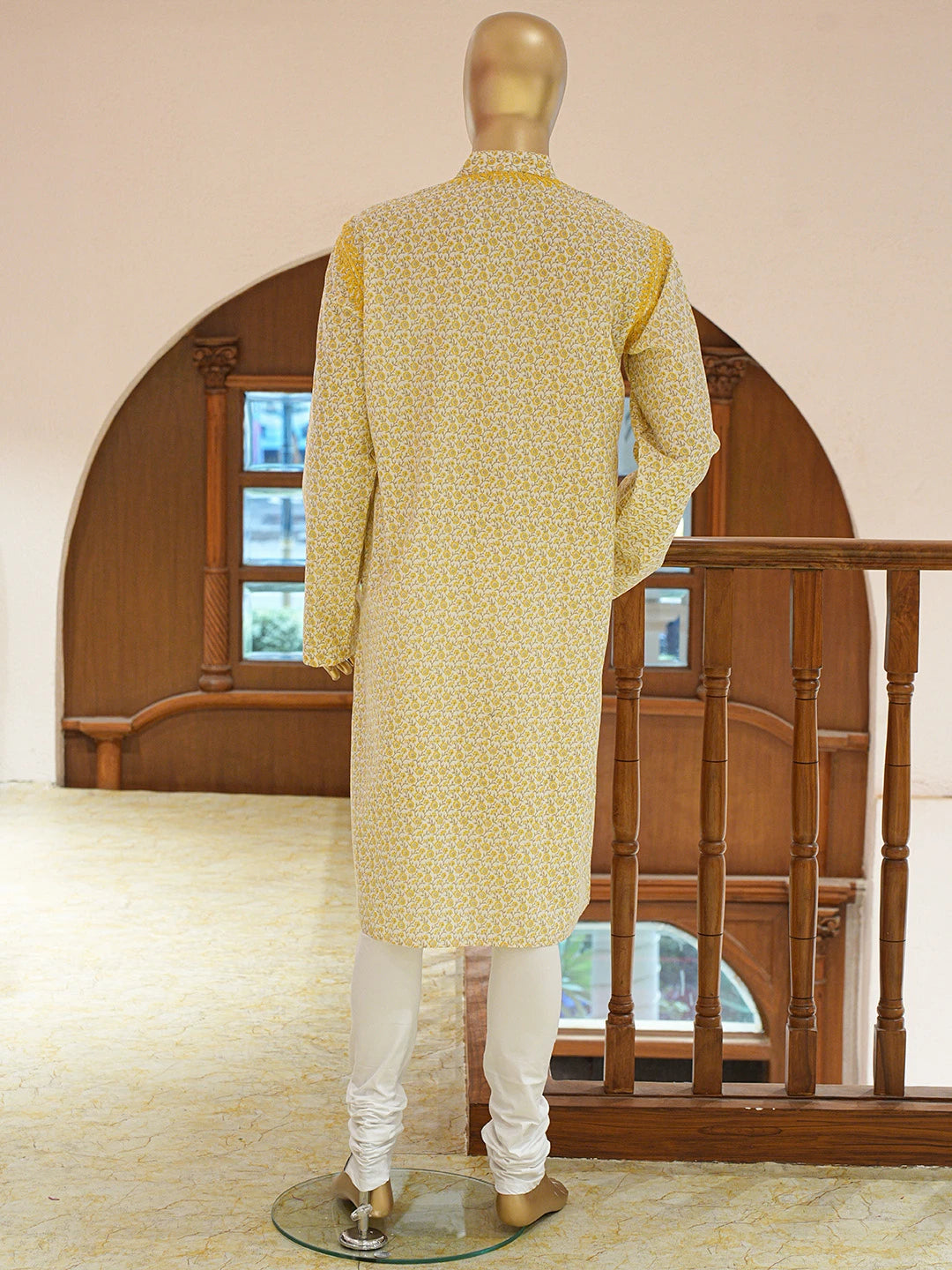 Ada Hand Embroidered White Cotton Floral Printed Lucknowi Chikankari Stitched Men's Kurta Piece 01A821187
