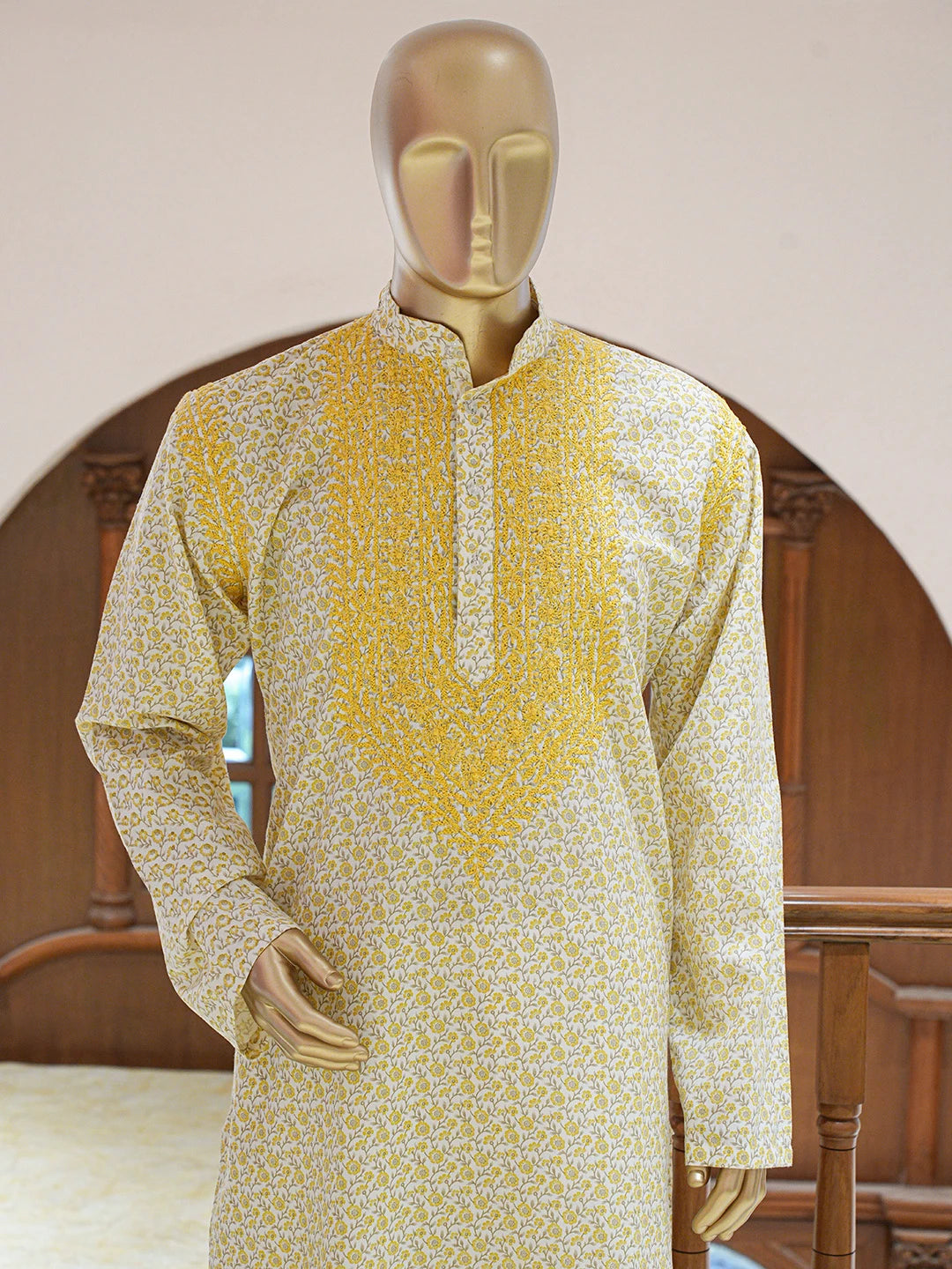 Ada Hand Embroidered White Cotton Floral Printed Lucknowi Chikankari Stitched Men's Kurta Piece 01A821187