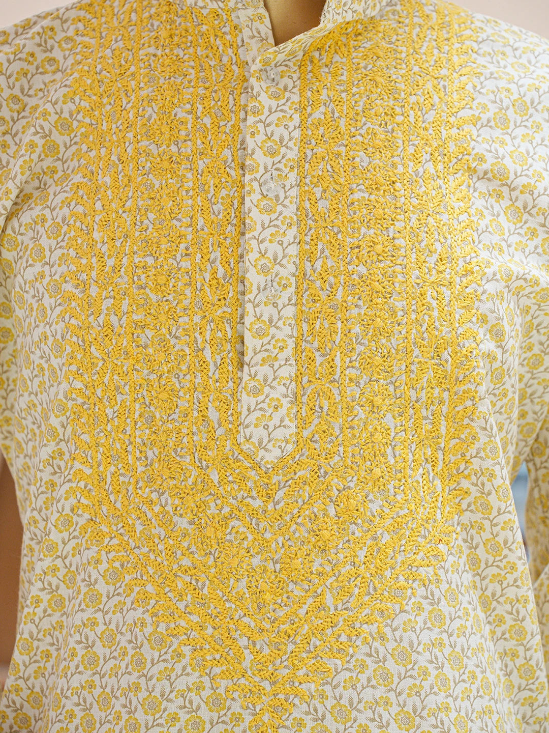Ada Hand Embroidered White Cotton Floral Printed Lucknowi Chikankari Stitched Men's Kurta Piece 01A821187