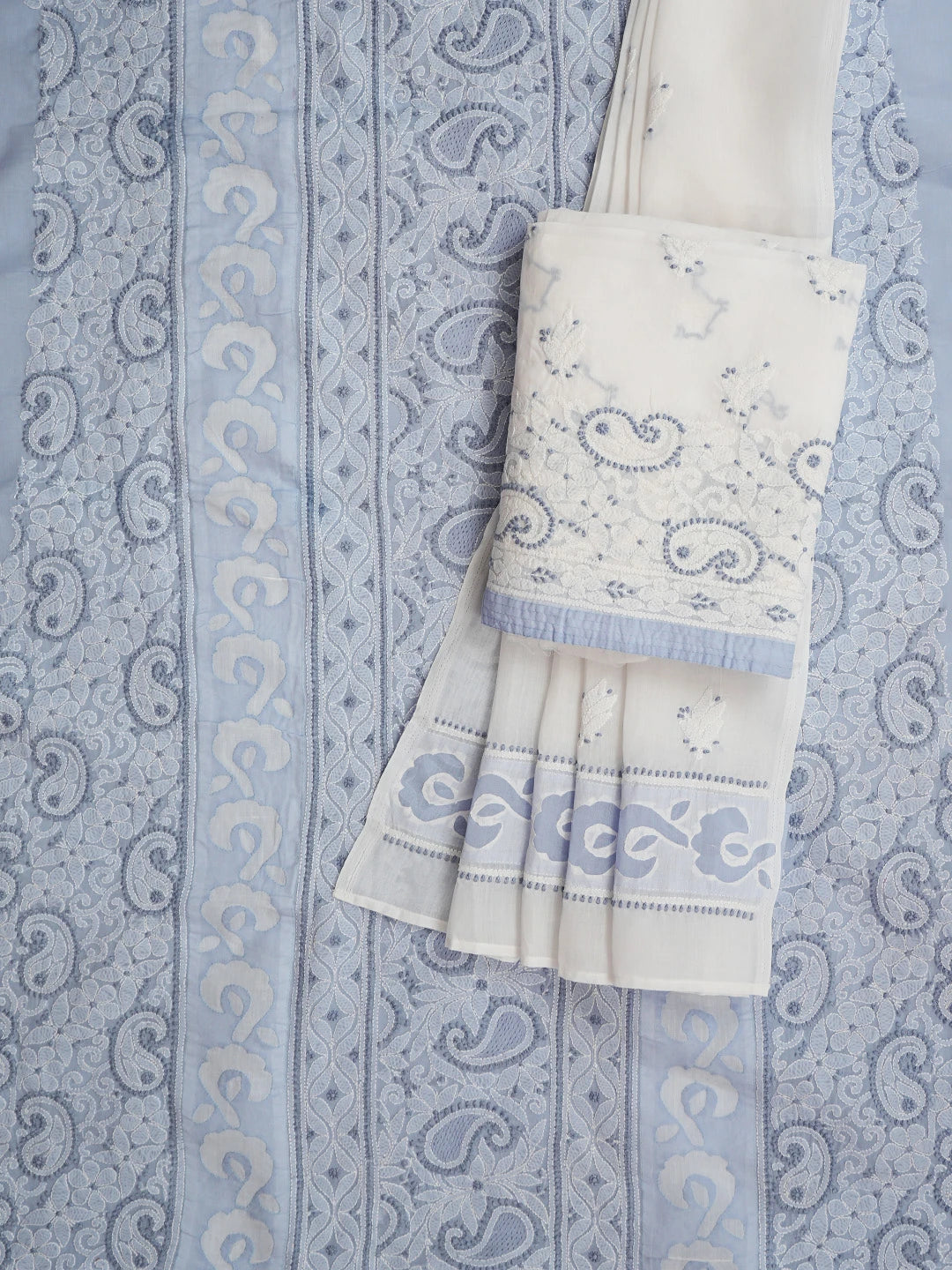 Ada Hand Embroidered Jordy Blue Cotton Lucknowi Chikankari Unstitched Suit Piece 01A845221