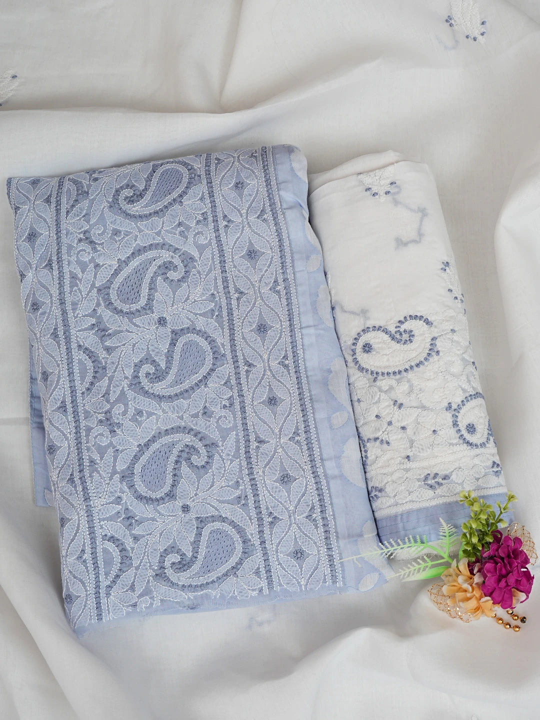 Ada Hand Embroidered Jordy Blue Cotton Lucknowi Chikankari Unstitched Suit Piece 01A845221