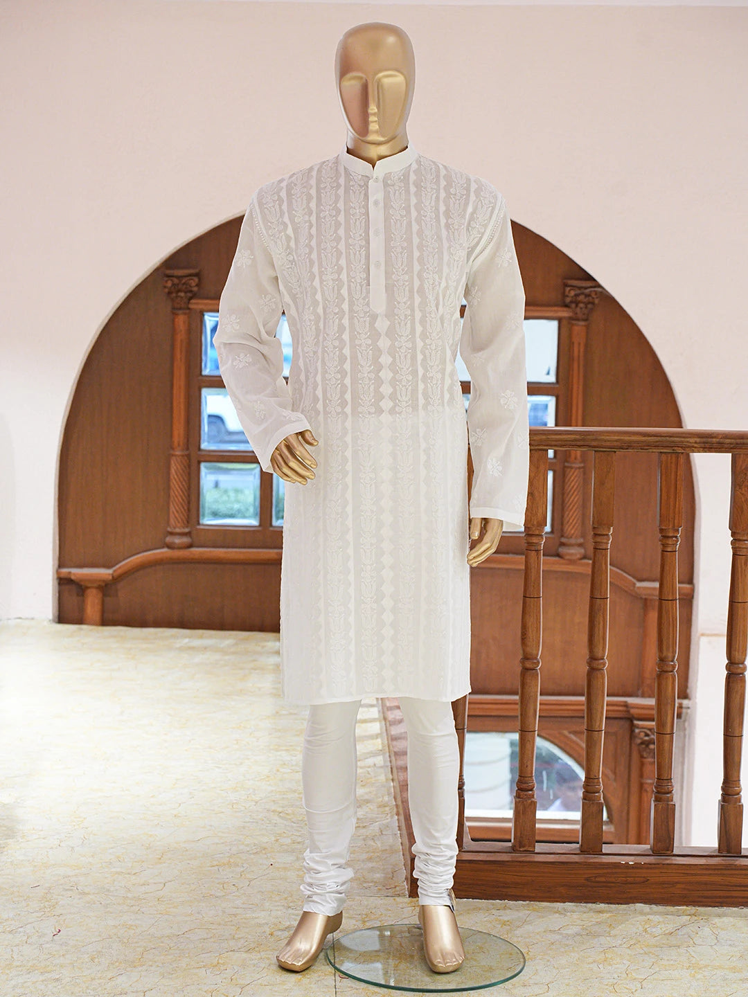 Ada Hand Embroidered White Cotton Lucknowi Chikankari Stitched Men's Kurta Piece 01A682136