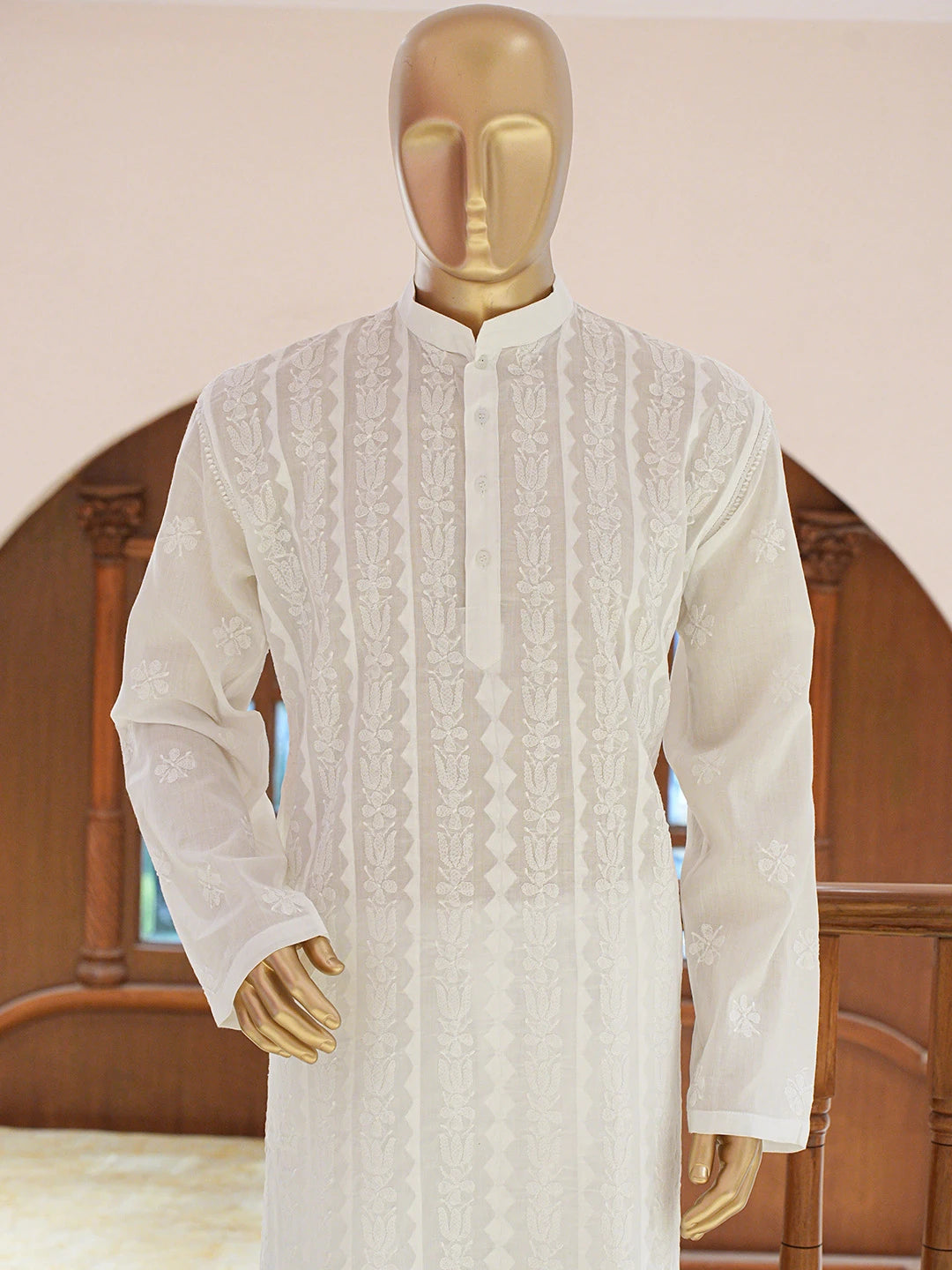 Ada Hand Embroidered White Cotton Lucknowi Chikankari Stitched Men's Kurta Piece 01A682136