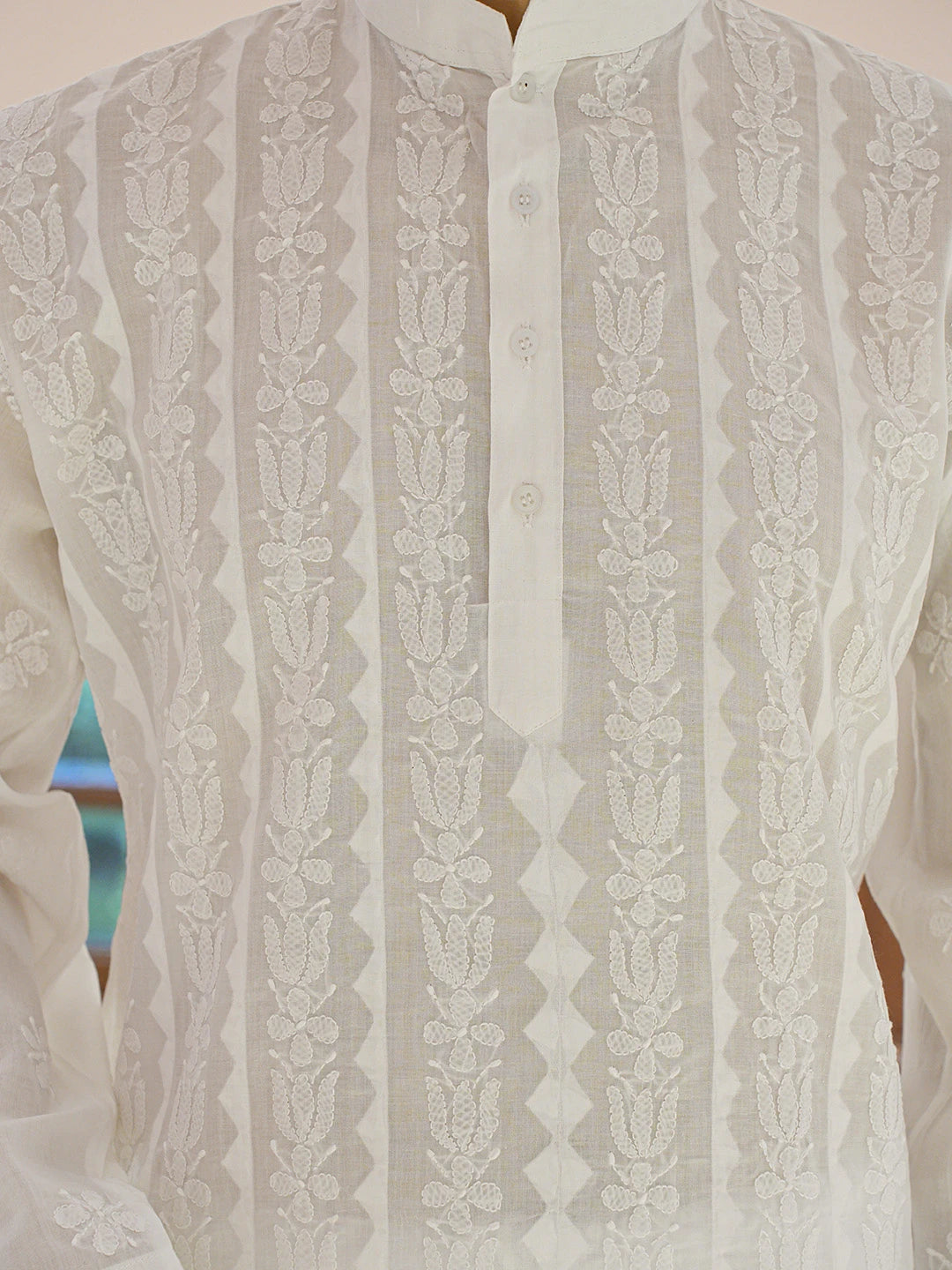 Ada Hand Embroidered White Cotton Lucknowi Chikankari Stitched Men's Kurta Piece 01A682136