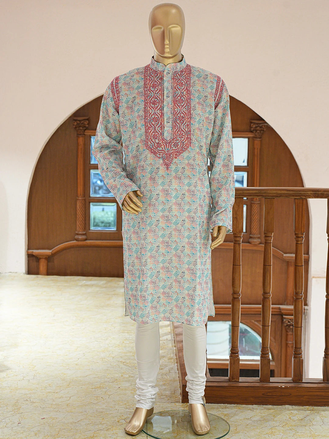 Ada Hand Embroidered Multicolor Cotton Lucknowi Chikankari Stitched Men's Kurta Piece 01A821157