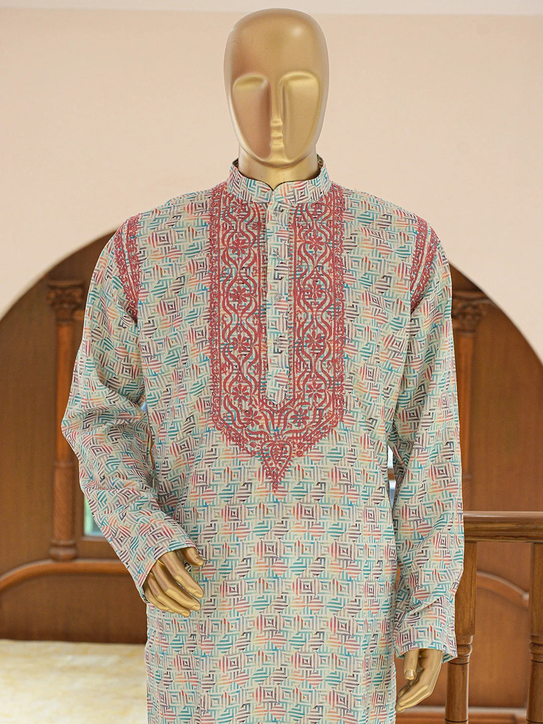 Ada Hand Embroidered Multicolor Cotton Lucknowi Chikankari Stitched Men's Kurta Piece 01A821157