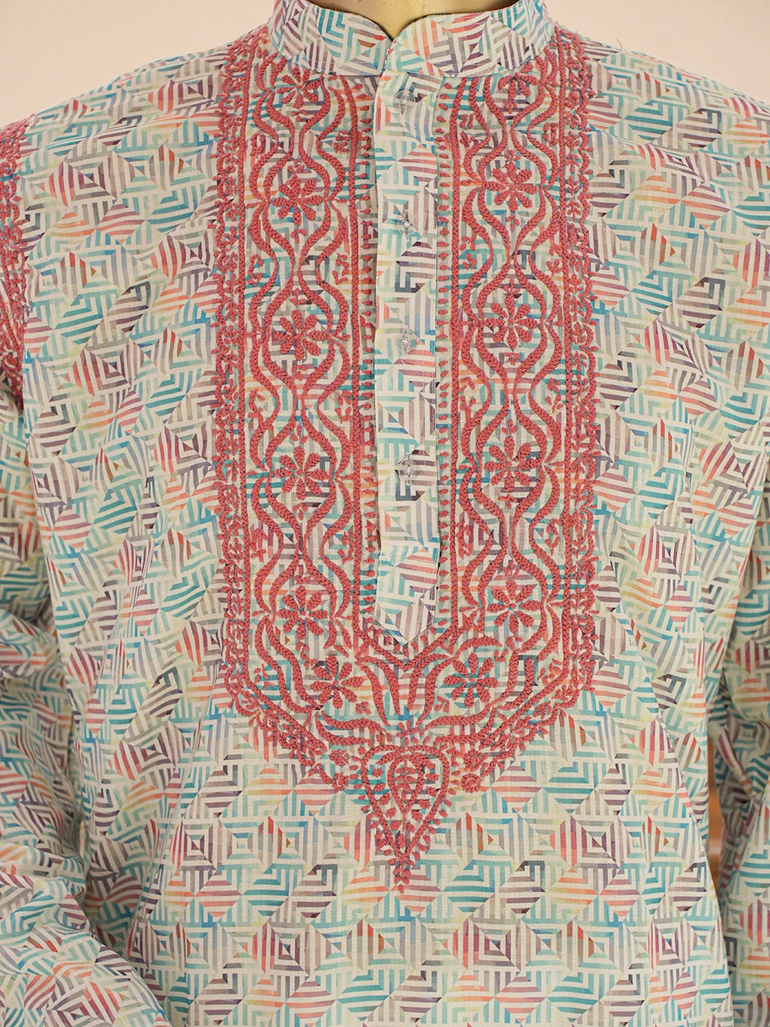 Ada Hand Embroidered Multicolor Cotton Lucknowi Chikankari Stitched Men's Kurta Piece 01A821157