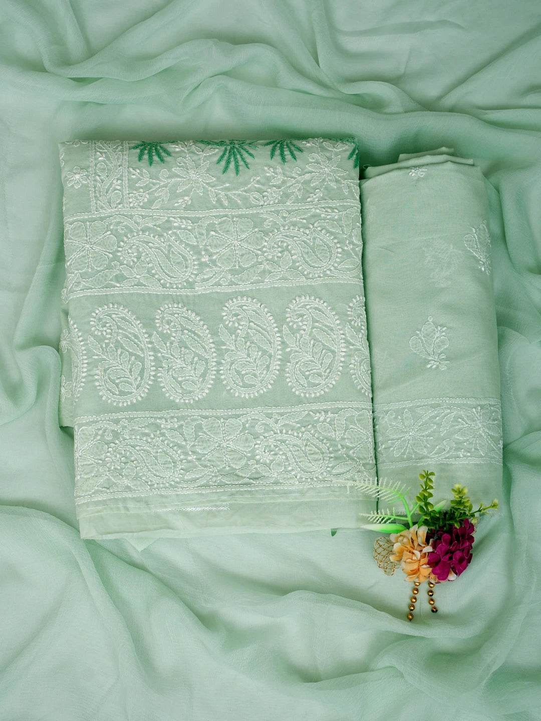 Ada Hand Embroidered Tea Green Cotton Lucknowi Chikankari Unstitched Suit Piece 01A844683