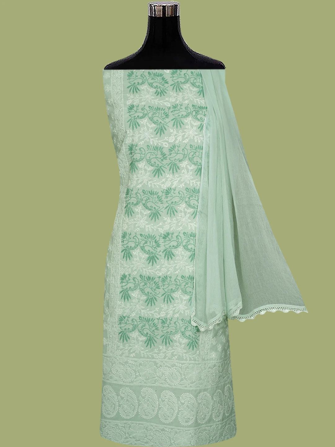 Ada Hand Embroidered Tea Green Cotton Lucknowi Chikankari Unstitched Suit Piece 01A844683