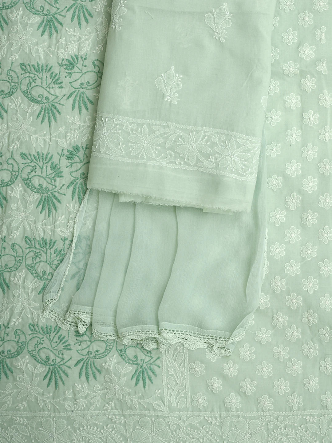 Ada Hand Embroidered Tea Green Cotton Lucknowi Chikankari Unstitched Suit Piece 01A844683