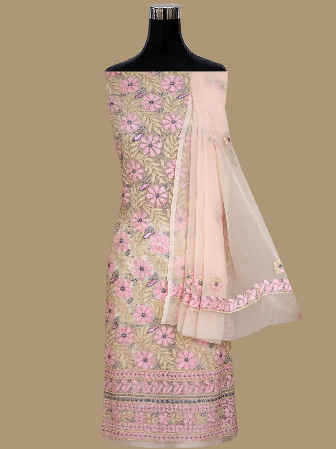 Ada Hand Embroidered Malibu Peach Georgette Lucknowi Chikankari Unstitched Suit Piece 01A845187