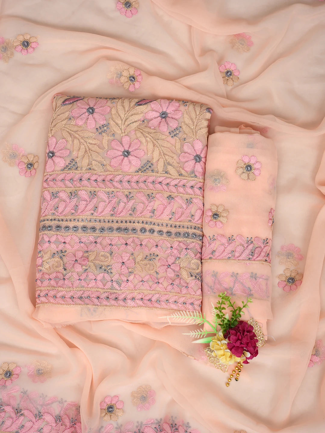 Ada Hand Embroidered Malibu Peach Georgette Lucknowi Chikankari Unstitched Suit Piece 01A845187