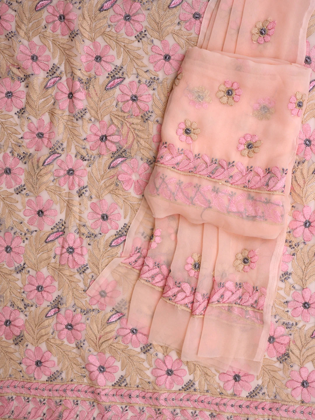 Ada Hand Embroidered Malibu Peach Georgette Lucknowi Chikankari Unstitched Suit Piece 01A845187