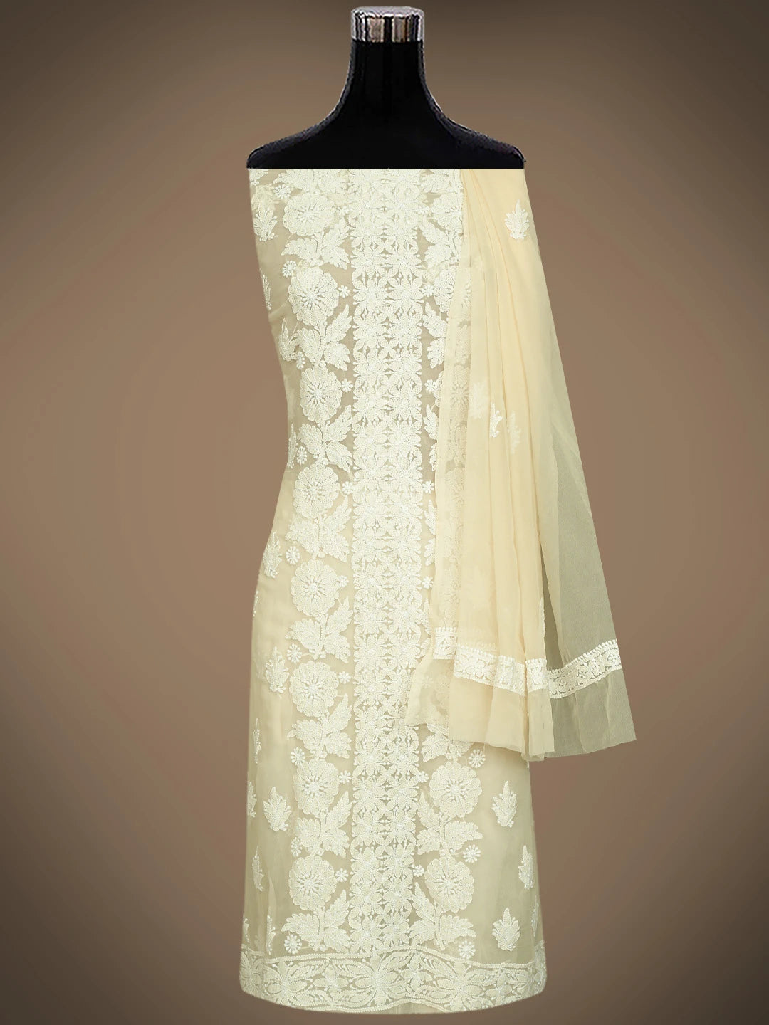 Ada Hand Embroidered Cream Georgette Lucknowi Chikankari Unstitched Suit Piece 01A843434