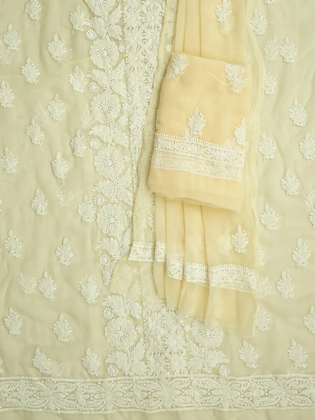 Ada Hand Embroidered Cream Georgette Lucknowi Chikankari Unstitched Suit Piece 01A843434