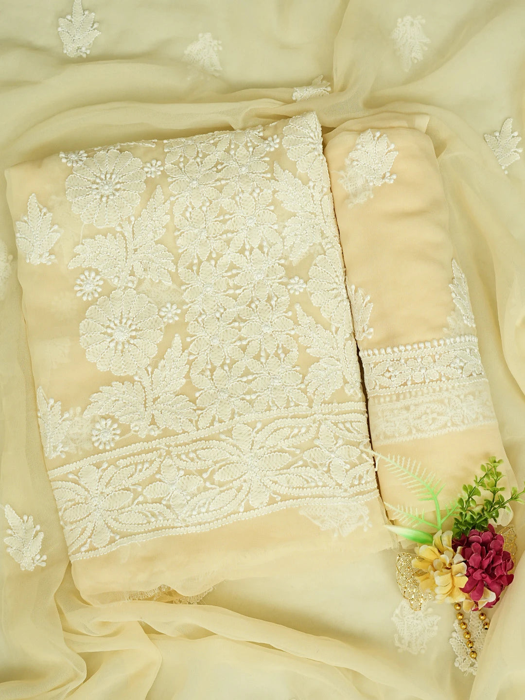 Ada Hand Embroidered Cream Georgette Lucknowi Chikankari Unstitched Suit Piece 01A843434
