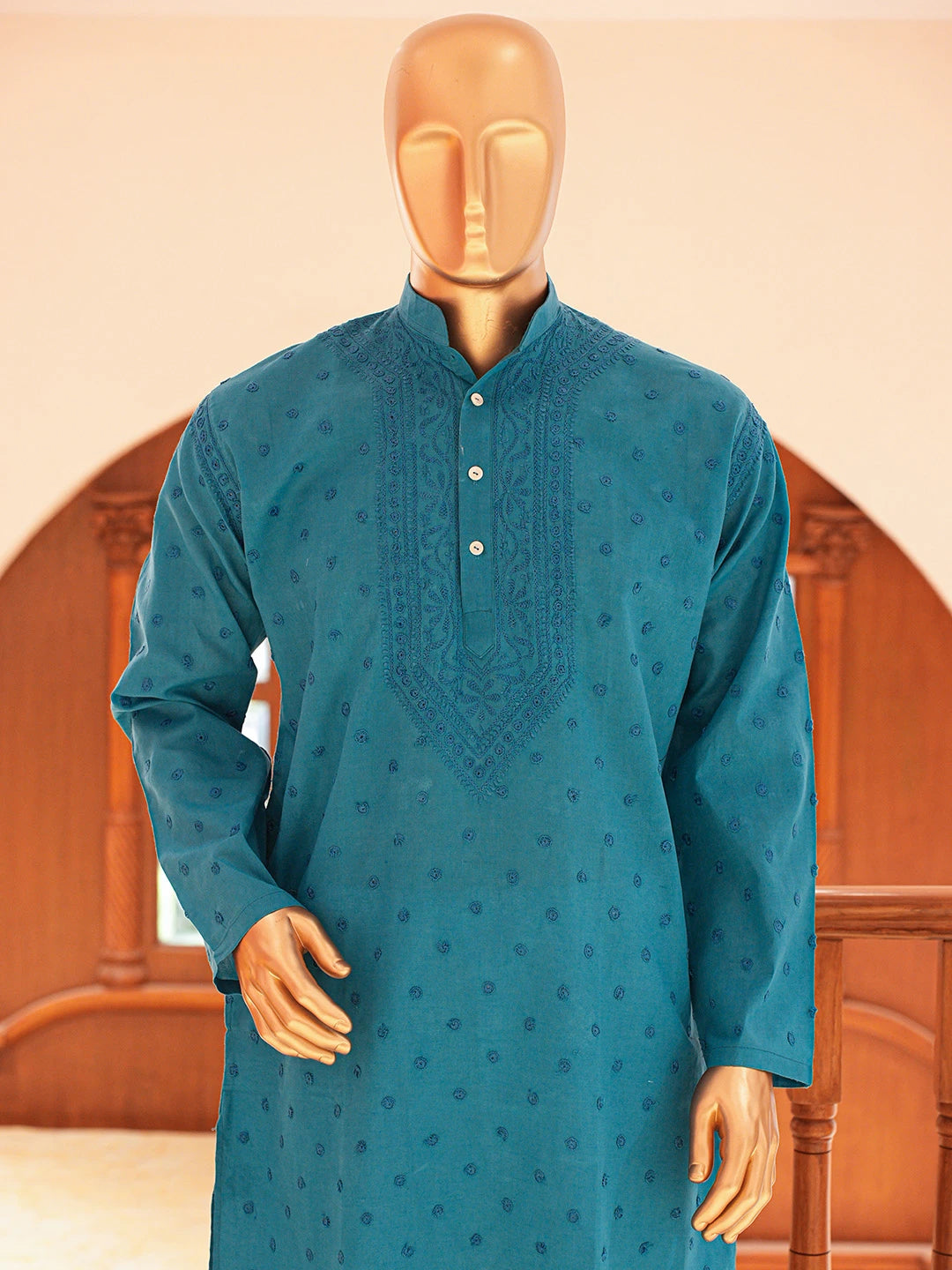 Ada Hand Embroidered Blue Cotton Lucknowi Chikankari Stitched Men's Kurta Piece 01A811975