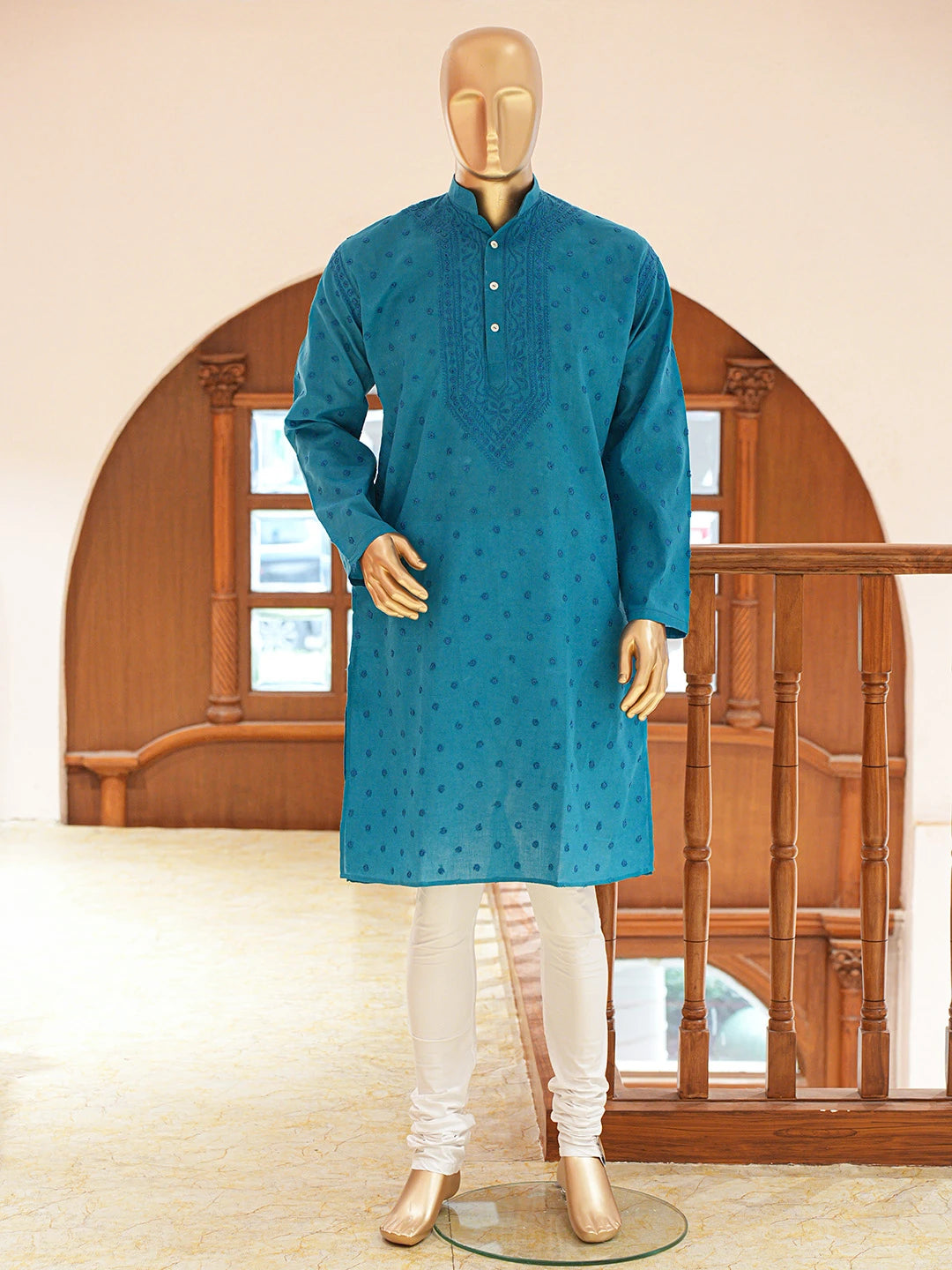 Ada Hand Embroidered Blue Cotton Lucknowi Chikankari Stitched Men's Kurta Piece 01A811975