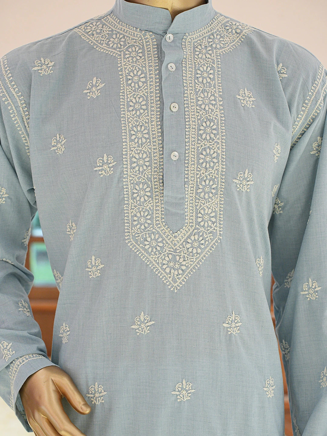Ada Hand Embroidered Sky Blue Cotton Lucknowi Chikankari Stitched Men's Kurta Piece 01A837819