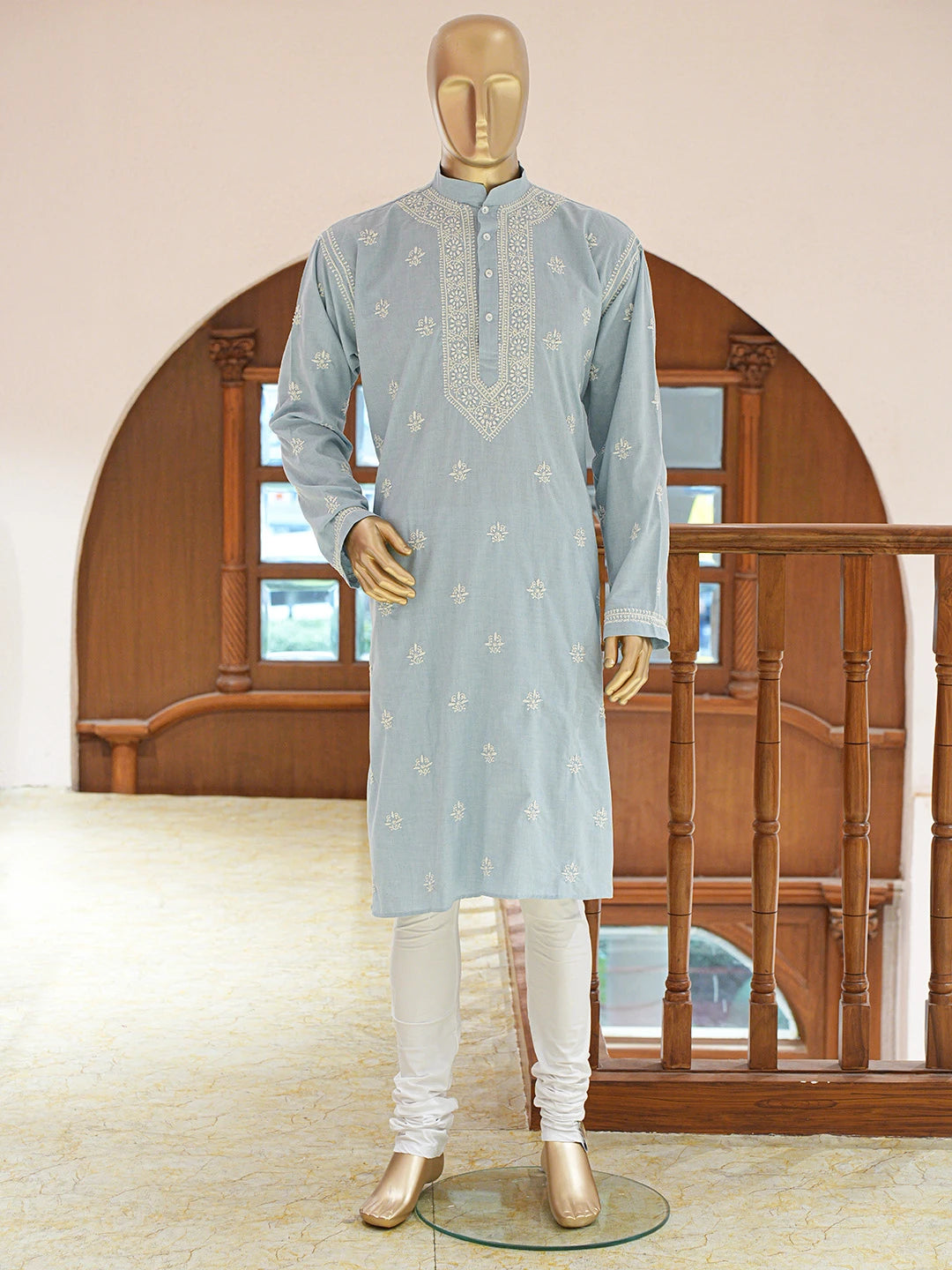 Ada Hand Embroidered Sky Blue Cotton Lucknowi Chikankari Stitched Men's Kurta Piece 01A837819