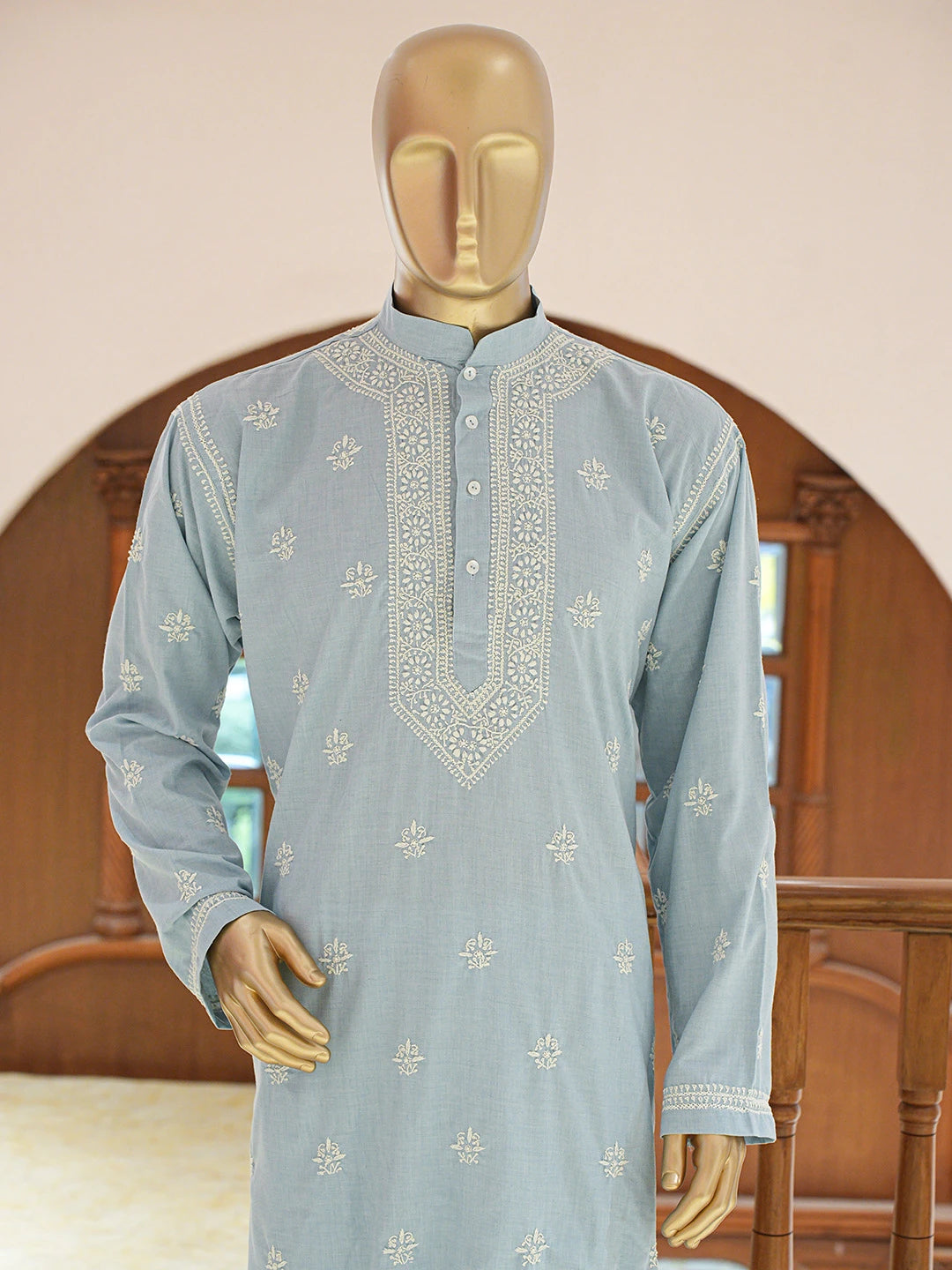 Ada Hand Embroidered Sky Blue Cotton Lucknowi Chikankari Stitched Men's Kurta Piece 01A837819