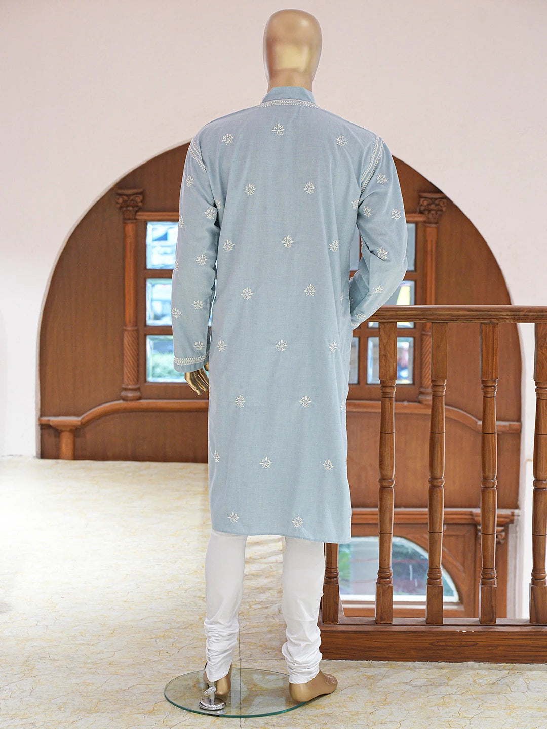 Ada Hand Embroidered Sky Blue Cotton Lucknowi Chikankari Stitched Men's Kurta Piece 01A837819