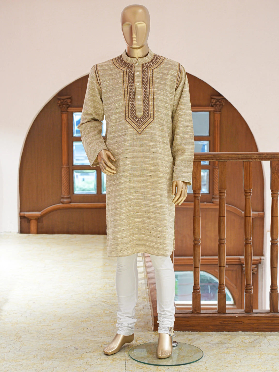 Ada Hand Embroidered Fawn Khadi Cotton Lucknowi Chikankari Stitched Men's Kurta Piece 01A841540
