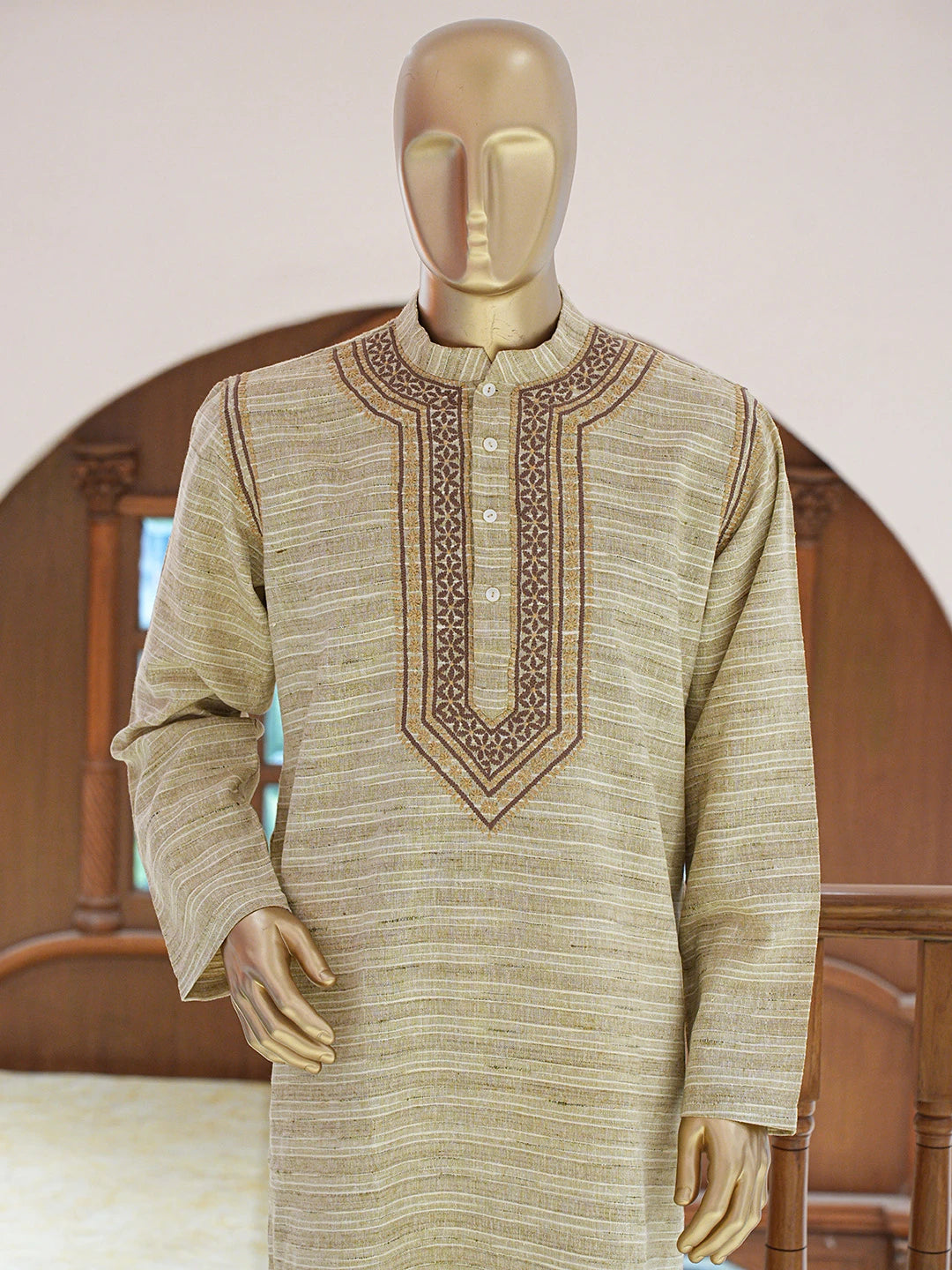 Ada Hand Embroidered Fawn Khadi Cotton Lucknowi Chikankari Stitched Men's Kurta Piece 01A841540