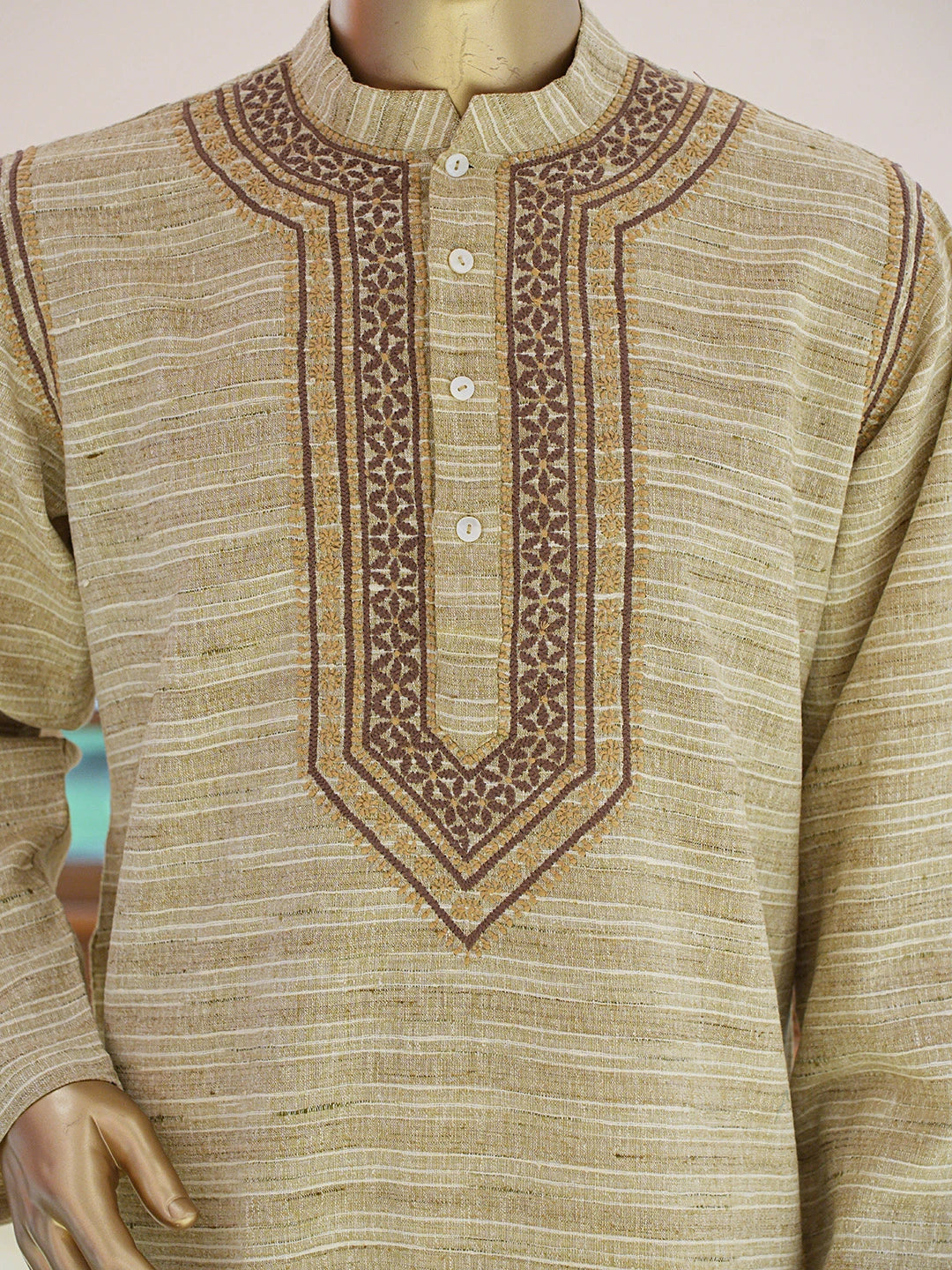 Ada Hand Embroidered Fawn Khadi Cotton Lucknowi Chikankari Stitched Men's Kurta Piece 01A841540