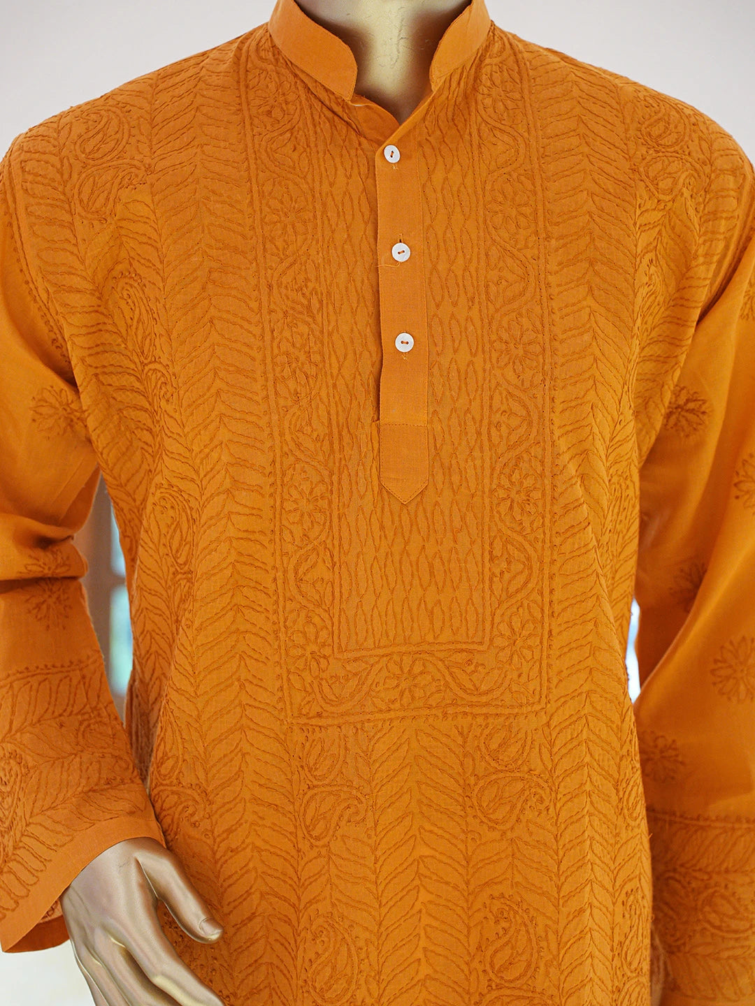 Ada Hand Embroidered Mustard Cotton Lucknowi Chikankari Stitched Men's Kurta Piece 01A812048