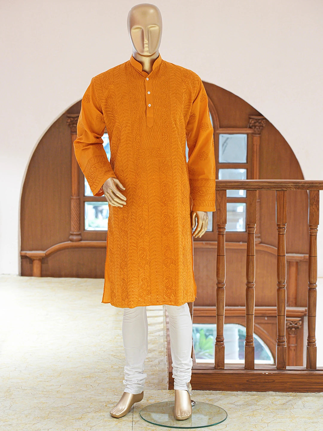 Ada Hand Embroidered Mustard Cotton Lucknowi Chikankari Stitched Men's Kurta Piece 01A812048