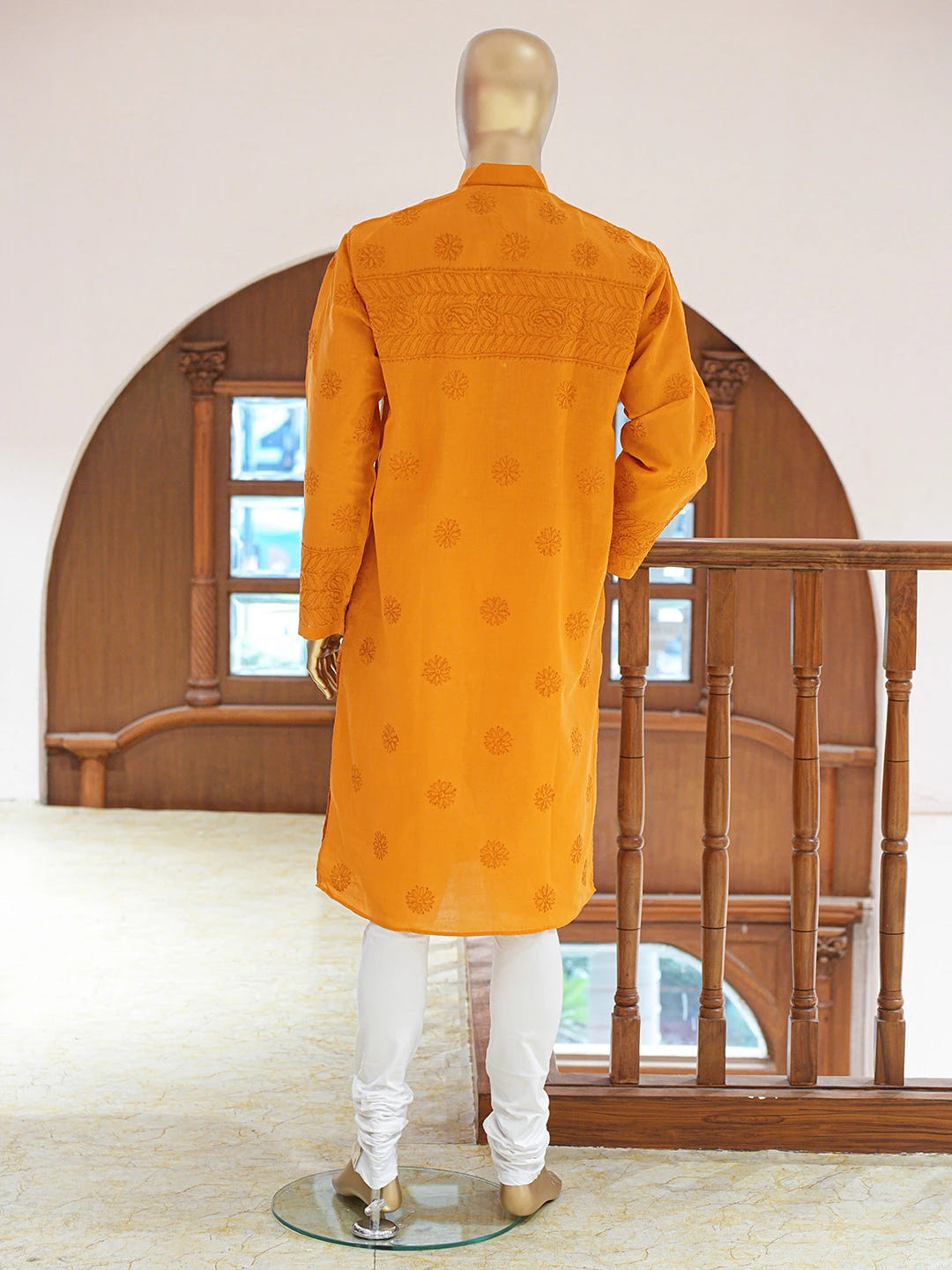 Ada Hand Embroidered Mustard Cotton Lucknowi Chikankari Stitched Men's Kurta Piece 01A812048