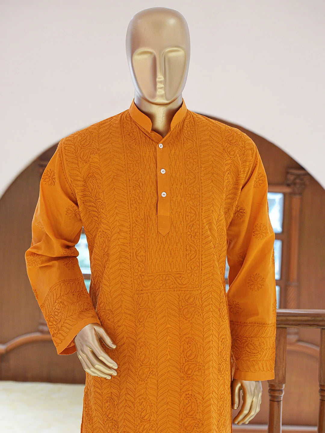 Ada Hand Embroidered Mustard Cotton Lucknowi Chikankari Stitched Men's Kurta Piece 01A812048
