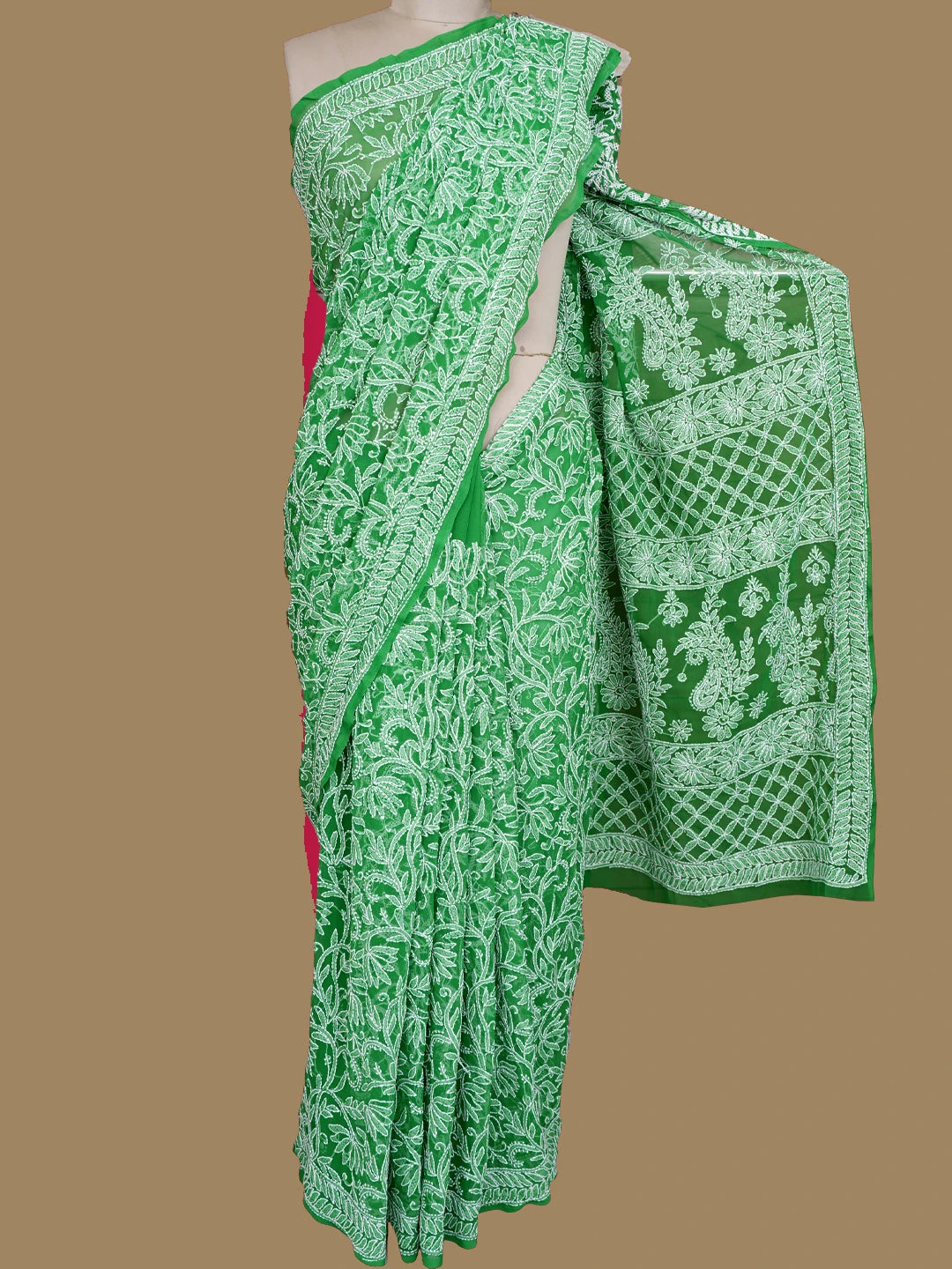 Ada Hand Embroidered Pigment Green Georgette Lucknowi Chikankari Saree With Blouse 01A795554