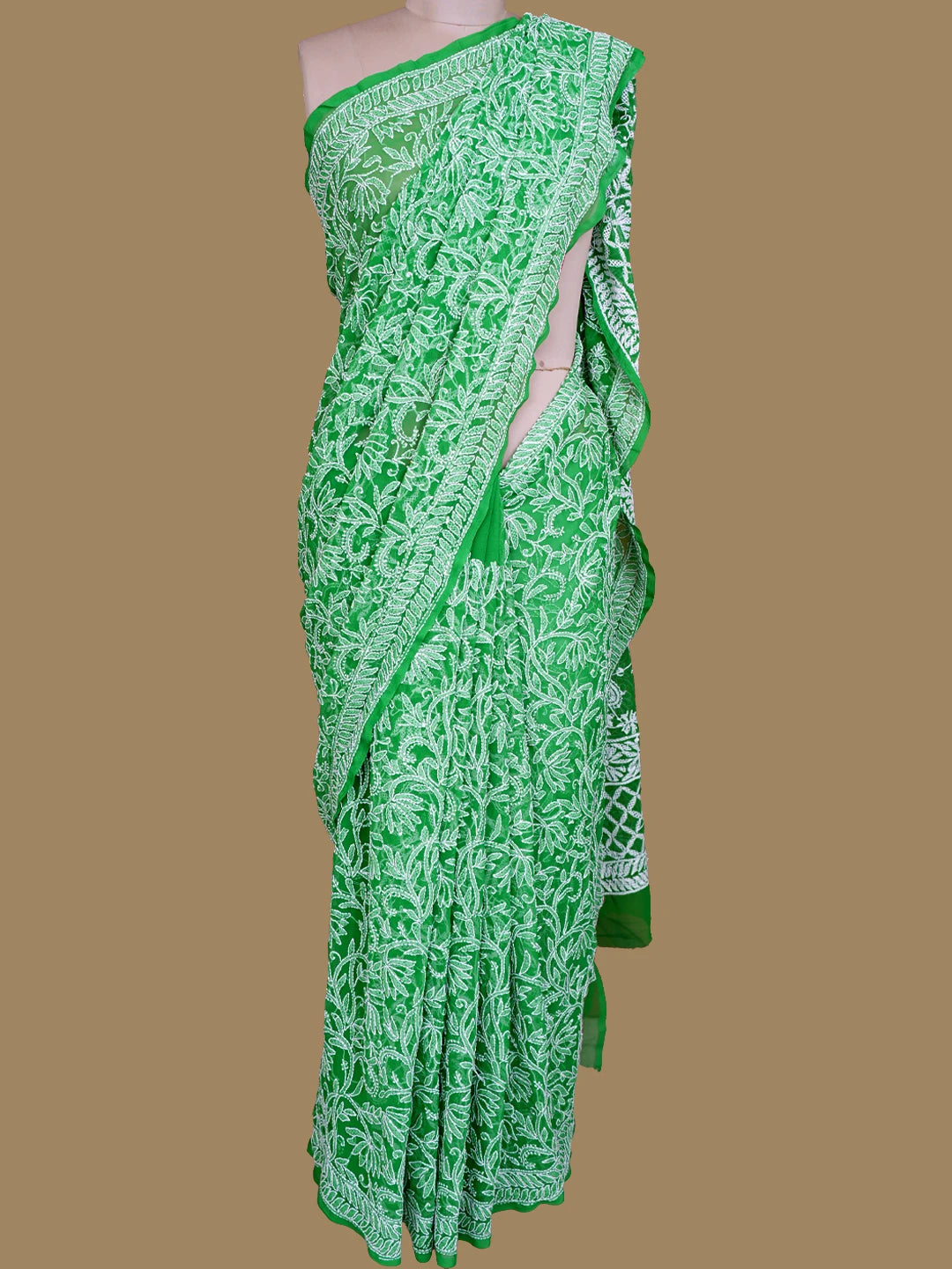 Ada Hand Embroidered Pigment Green Georgette Lucknowi Chikankari Saree With Blouse 01A795554