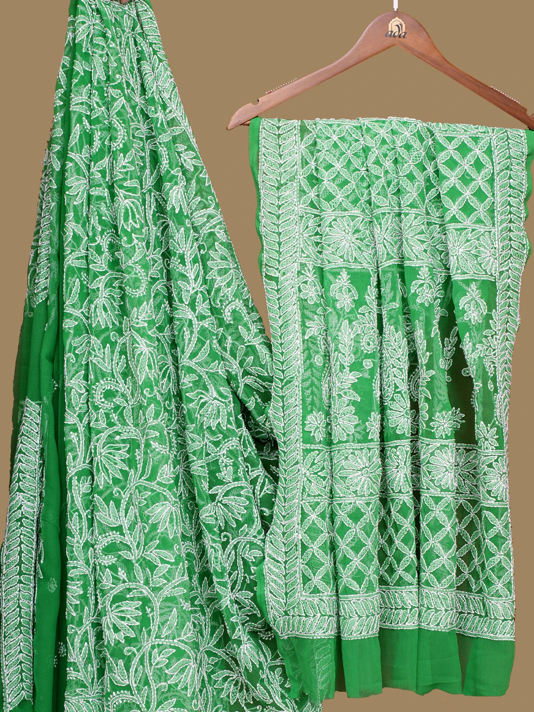 Ada Hand Embroidered Pigment Green Georgette Lucknowi Chikankari Saree With Blouse 01A795554