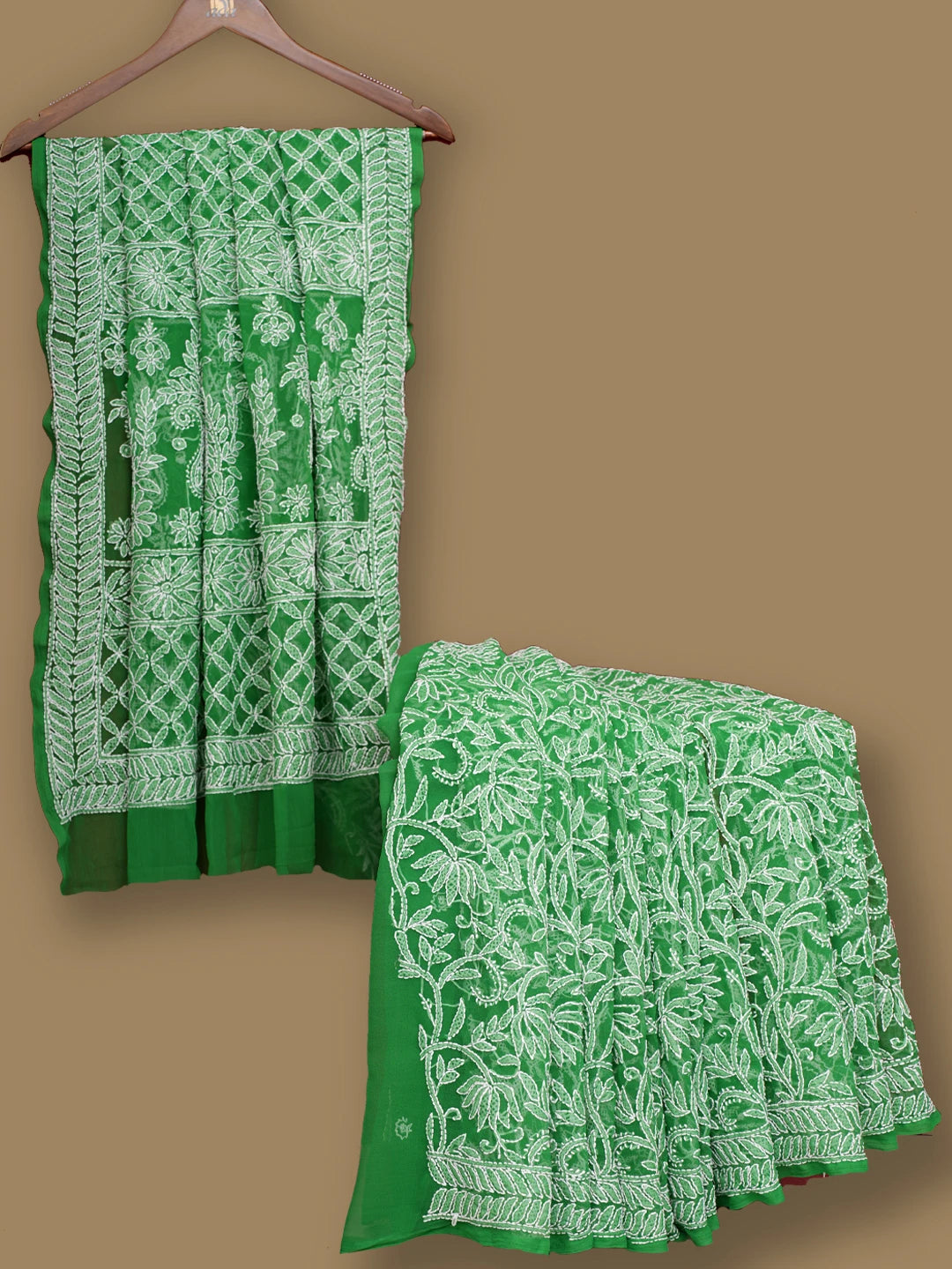 Ada Hand Embroidered Pigment Green Georgette Lucknowi Chikankari Saree With Blouse 01A795554
