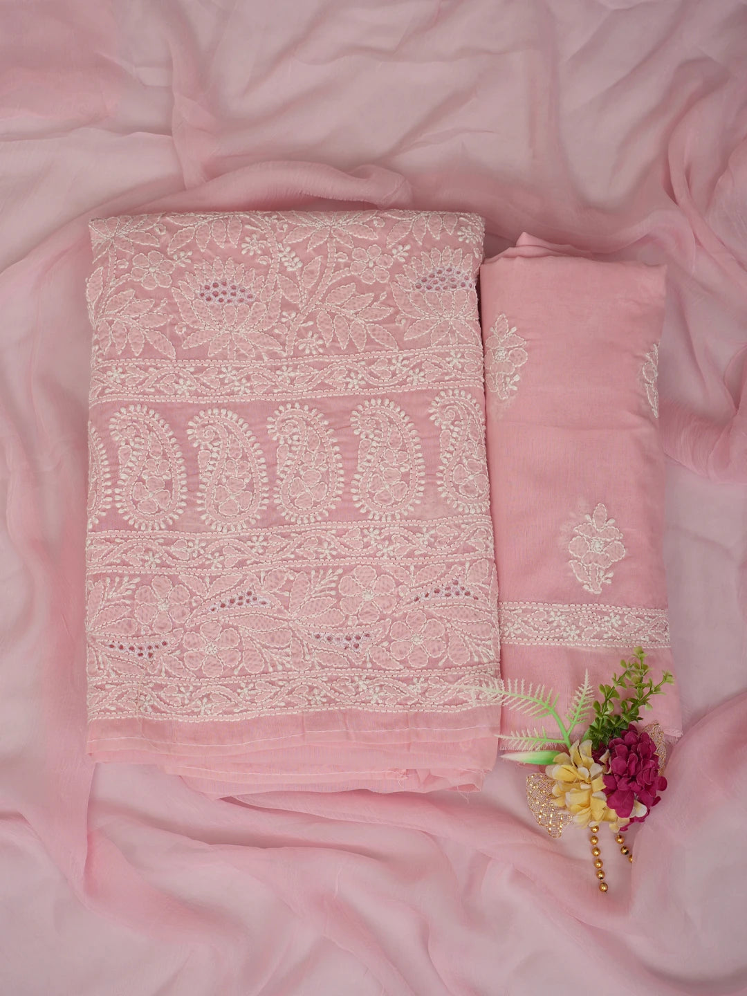 Ada Hand Embroidered Peach Blush Cotton Lucknowi Chikankari Unstitched Suit Piece 01A844694