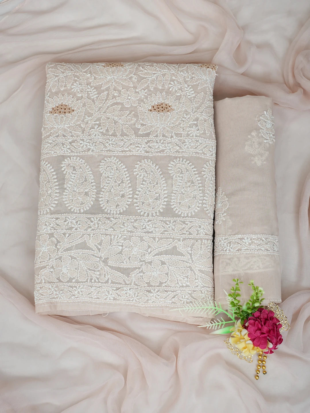 Ada Hand Embroidered Dusty Peach Cotton Lucknowi Chikankari Unstitched Suit Piece 01A844692