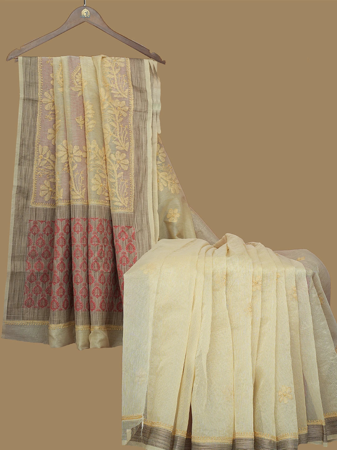 Ada Hand Embroidered Straw Yellow Chanderi Lucknowi Chikankari Saree With Blouse 01A837952