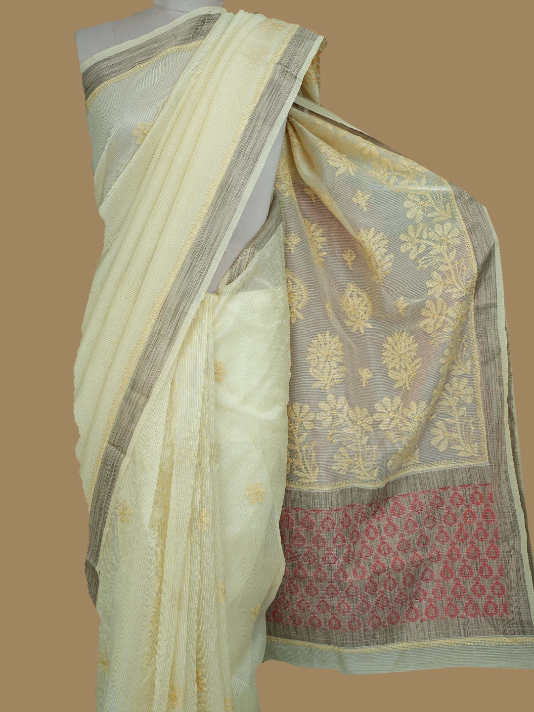 Ada Hand Embroidered Straw Yellow Chanderi Lucknowi Chikankari Saree With Blouse 01A837952