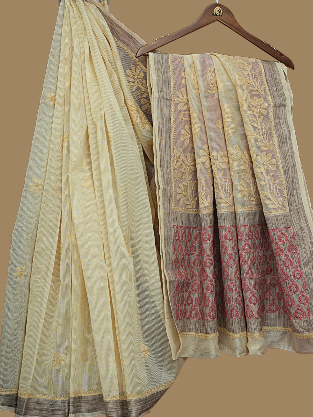 Ada Hand Embroidered Straw Yellow Chanderi Lucknowi Chikankari Saree With Blouse 01A837952