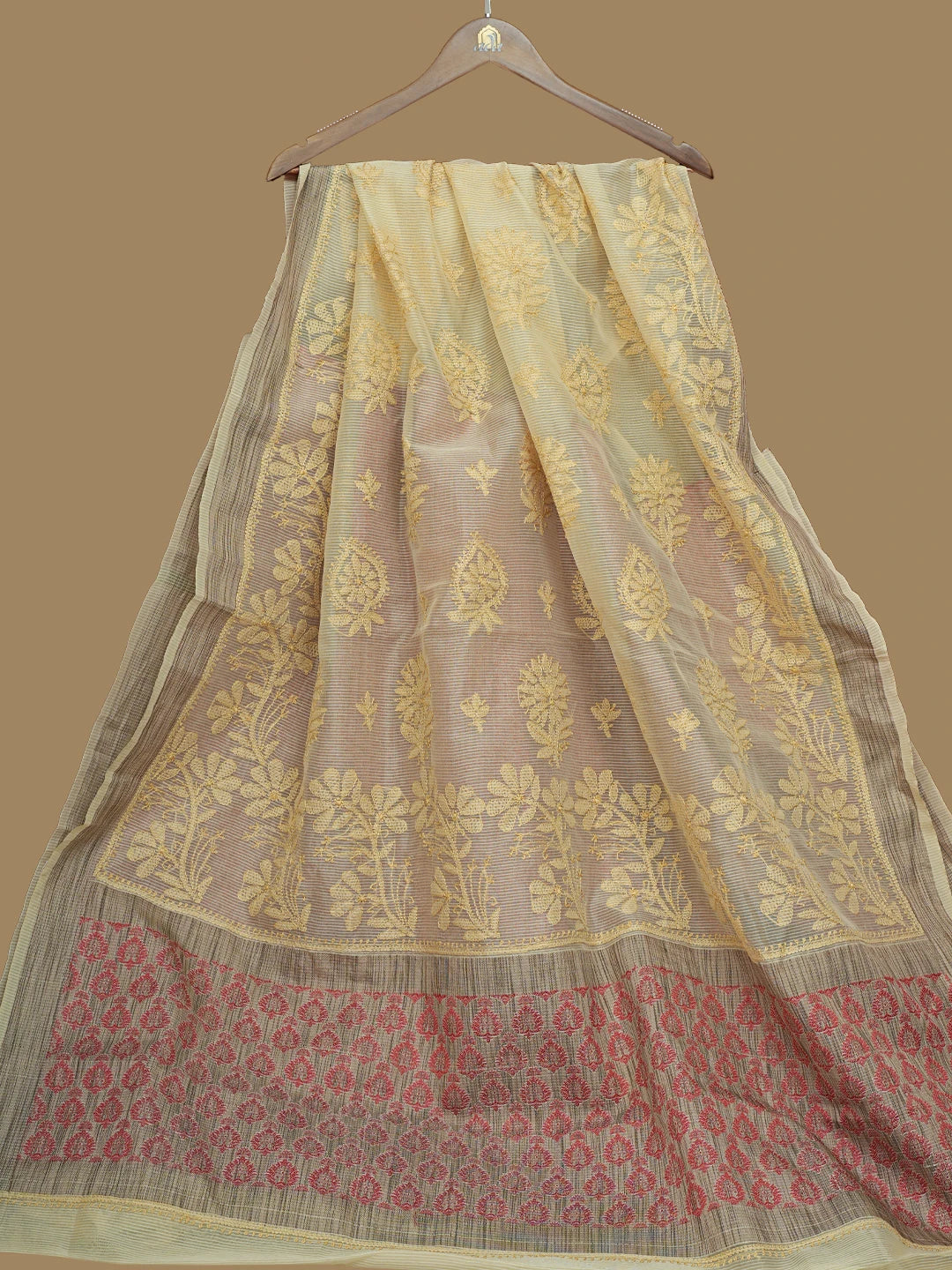 Ada Hand Embroidered Straw Yellow Chanderi Lucknowi Chikankari Saree With Blouse 01A837952