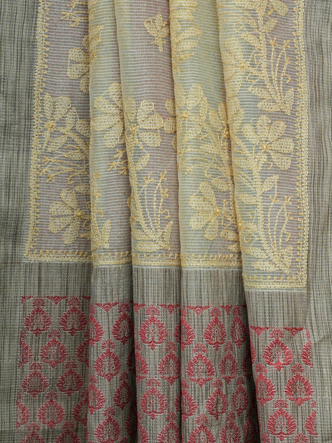 Ada Hand Embroidered Straw Yellow Chanderi Lucknowi Chikankari Saree With Blouse 01A837952