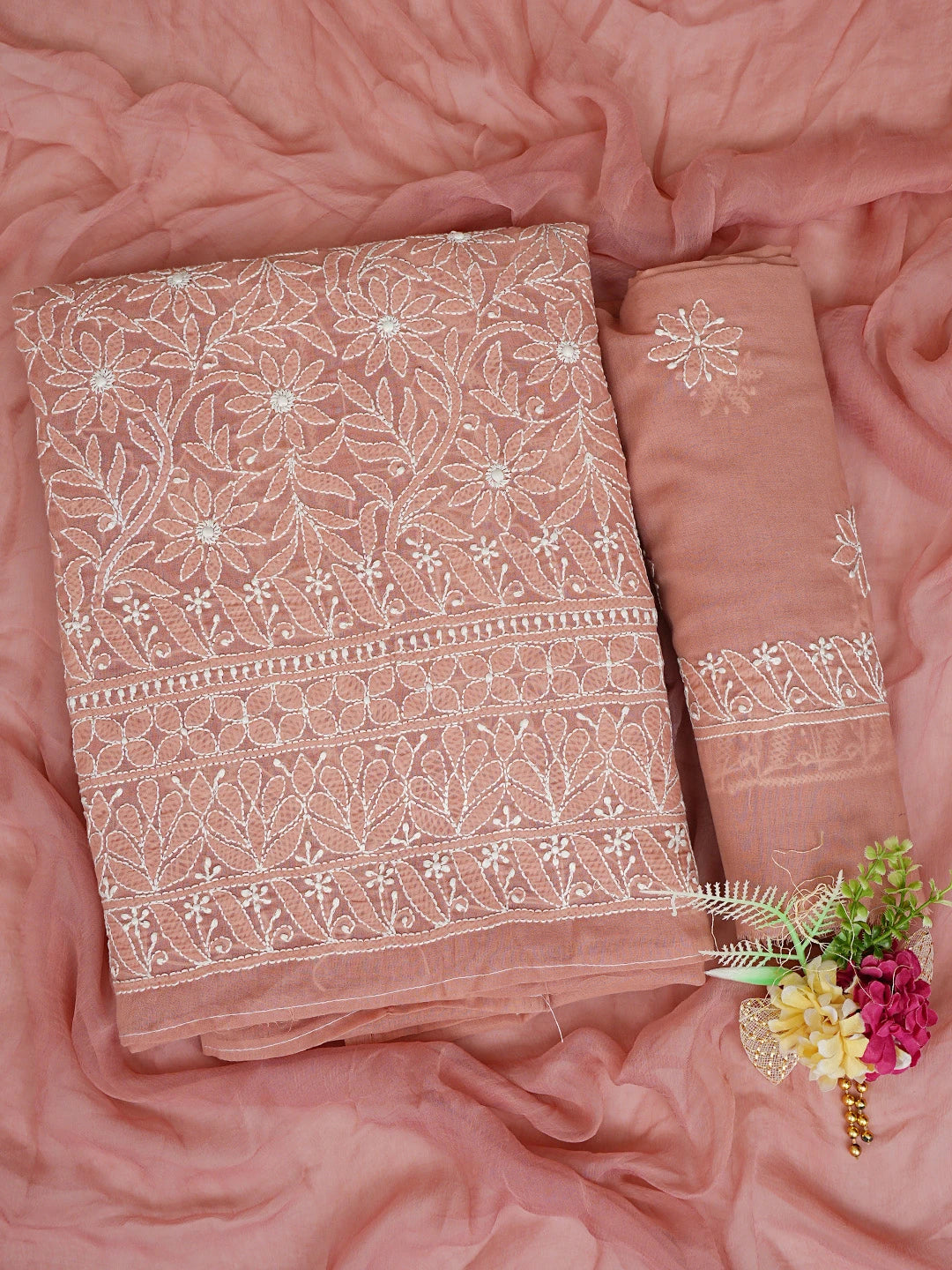 Ada Hand Embroidered Dusty Peach Cotton Lucknowi Chikankari Unstitched Suit Piece 01A844680